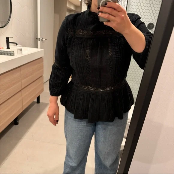 Zara Women Black Bohemian Blouse Lace Detail - L - Picture 7 of 7